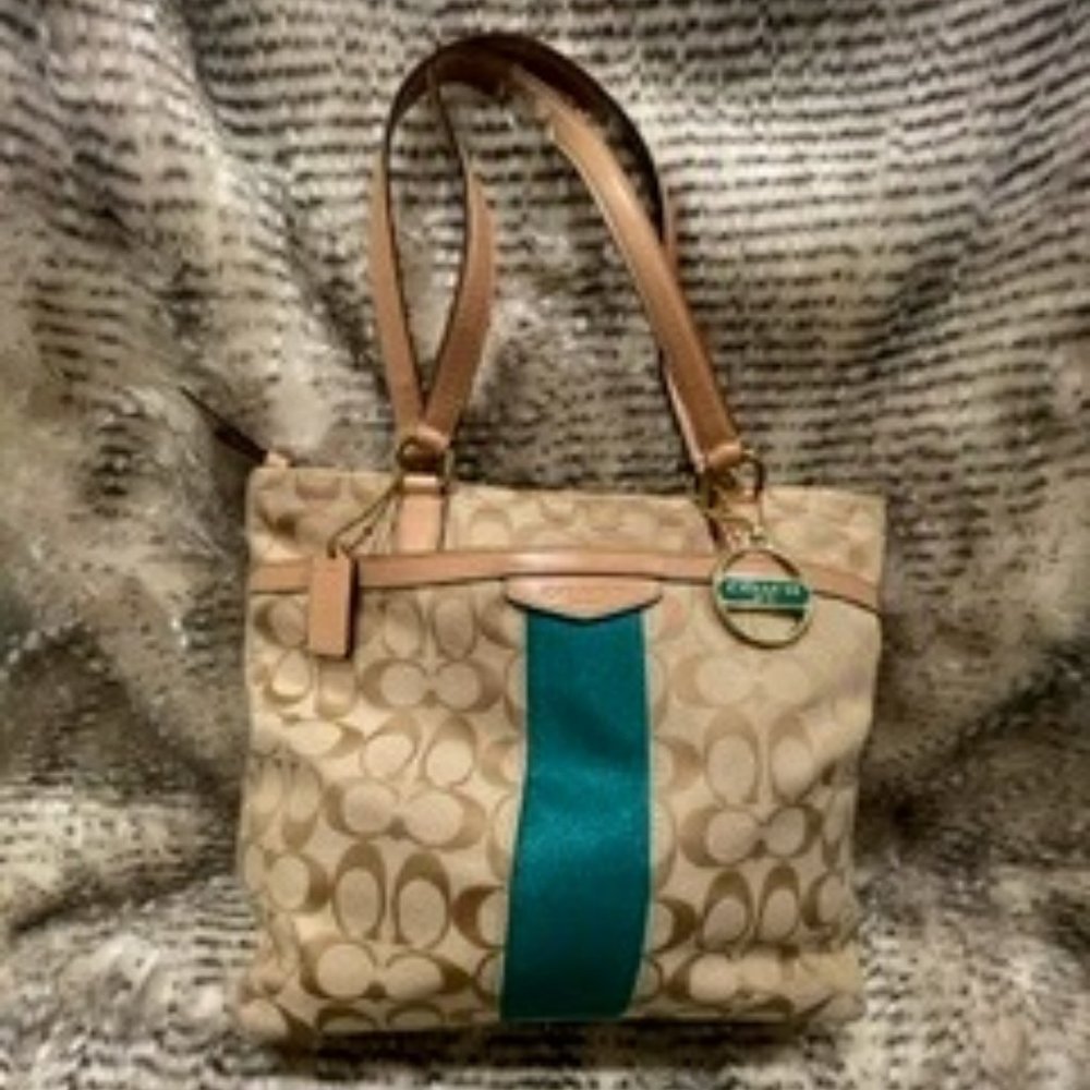 Coach Tan and Green Cloth Signature Purse